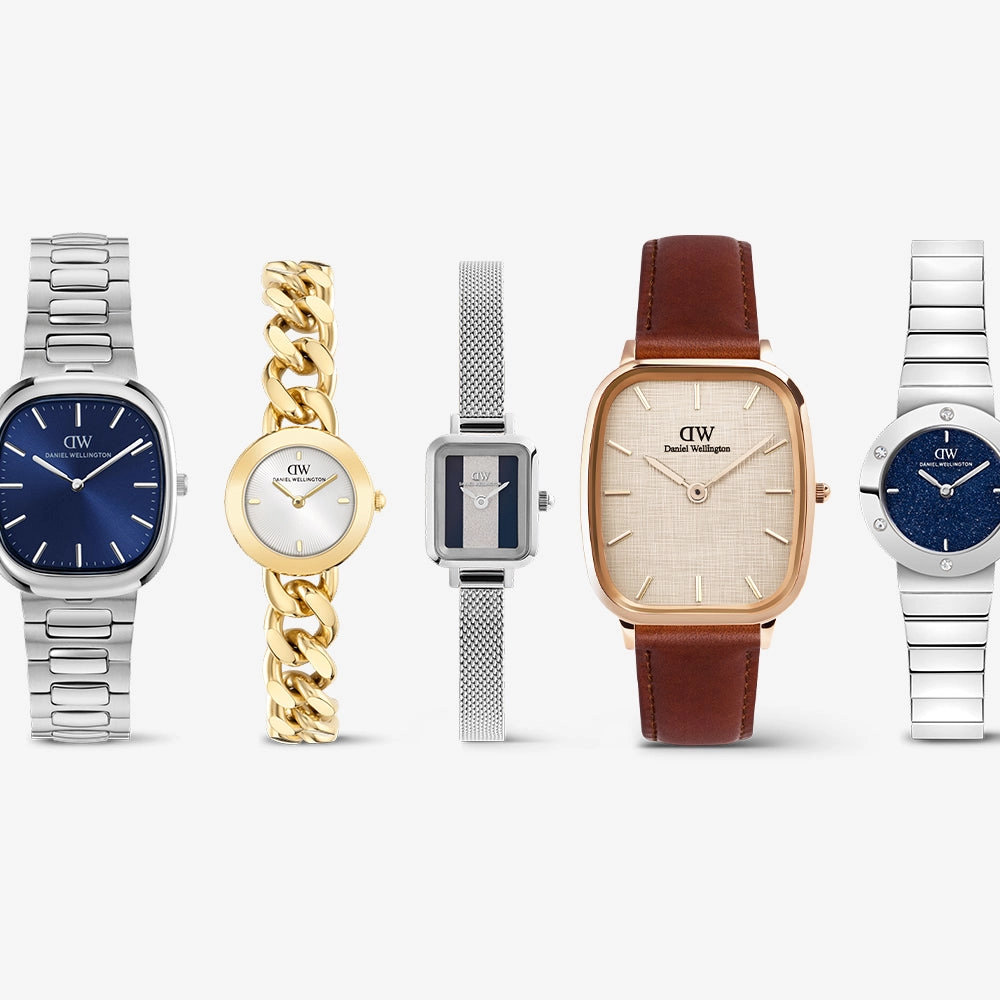 Five Daniel Wellington watches lined up, from a blue square dial to a brown leather strap