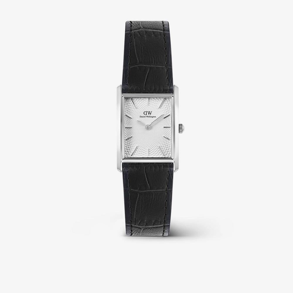 Bound Mini watch with a rectangular silver case and black strap
