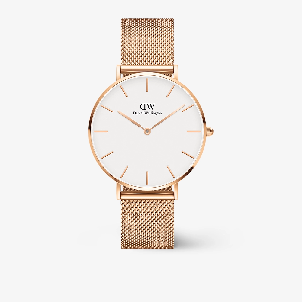 Petite collection watch with a white dial and rose gold mesh strap