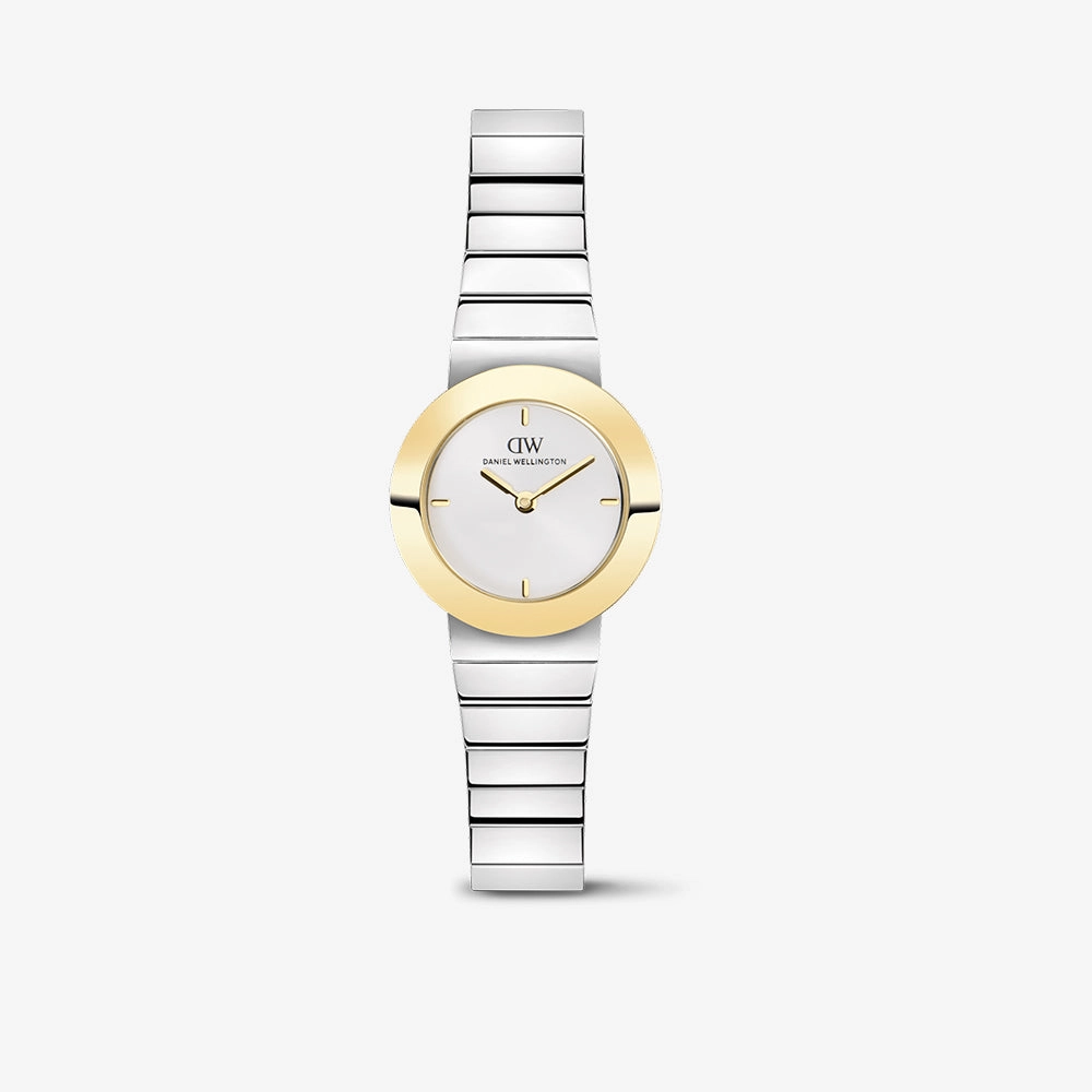Stella watch with a silver bracelet and a gold rimmed white dial