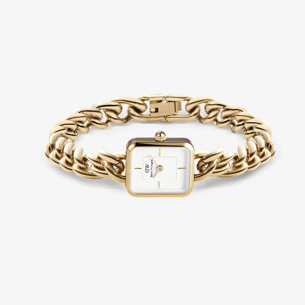 Gold chain bracelet watch with a white square dial