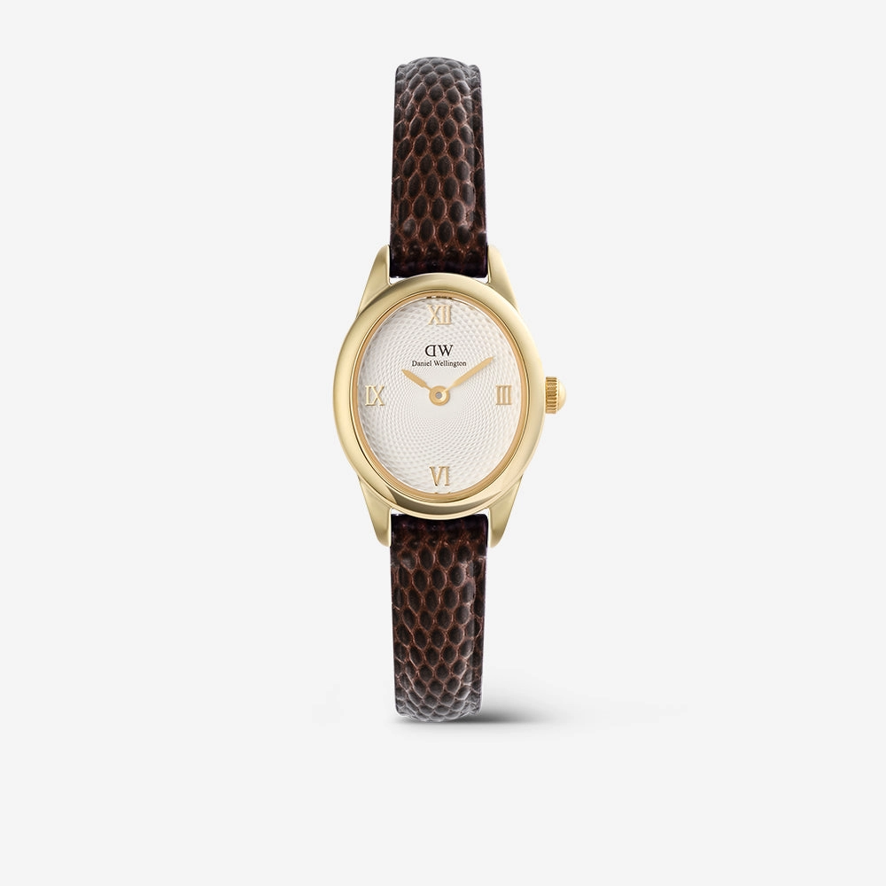 Watch with a white dial and a dark brown embossed leather strap