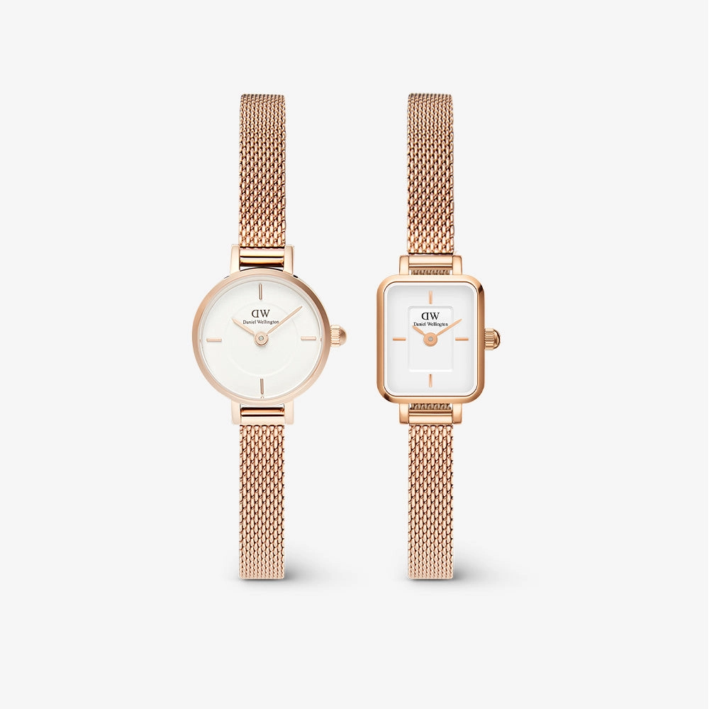 Mini watches in rose gold mesh, one round and one square