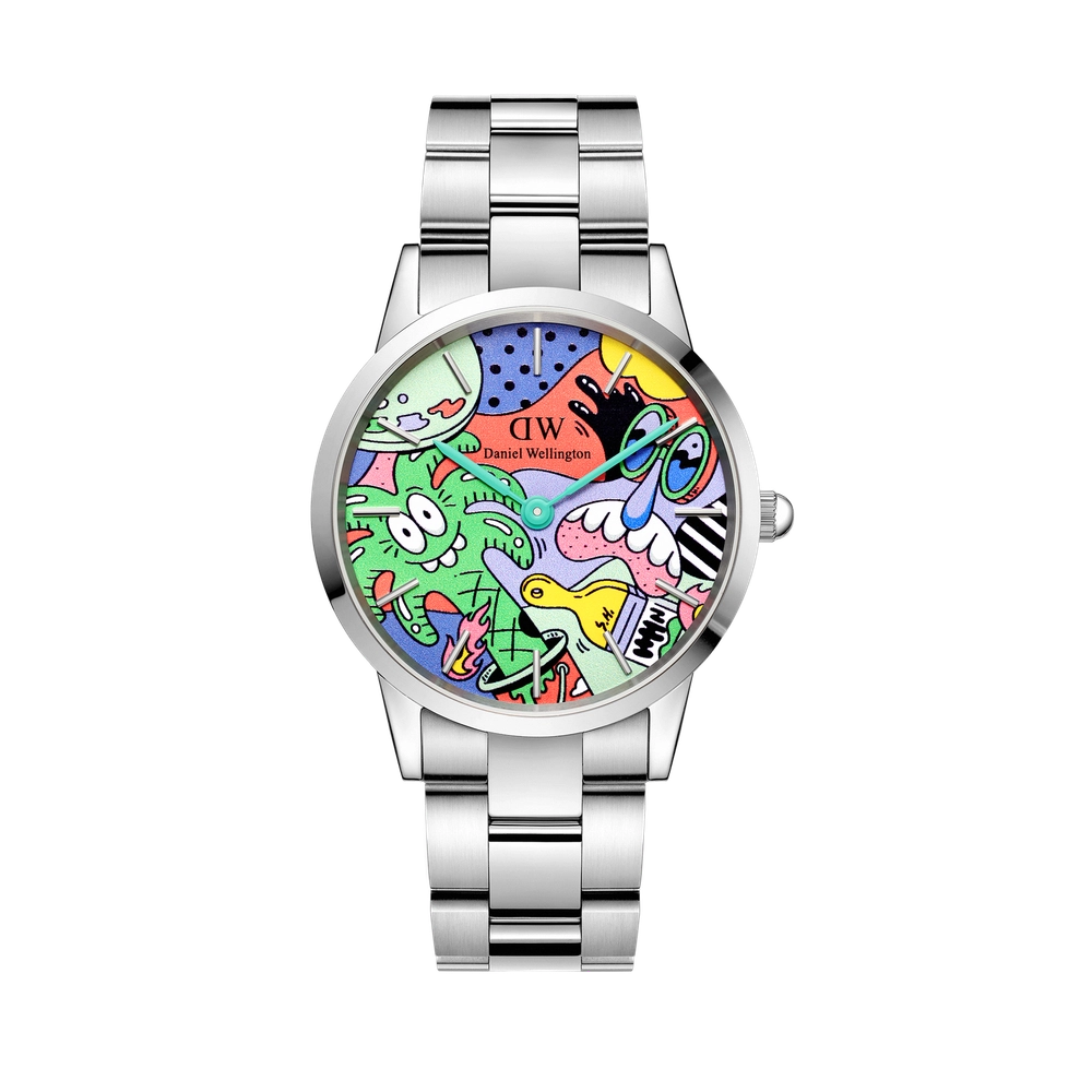 Steven Harrington x DW Iconic Link Multicolor watch on a silver strap