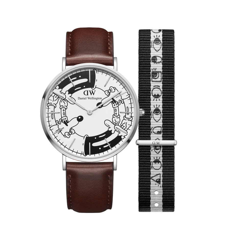 Steven Harrington x DW set with a Bristol strap and a black printed dial