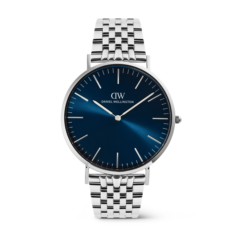 Classic 7-Link Arctic Silver watch with a blue sunray dial