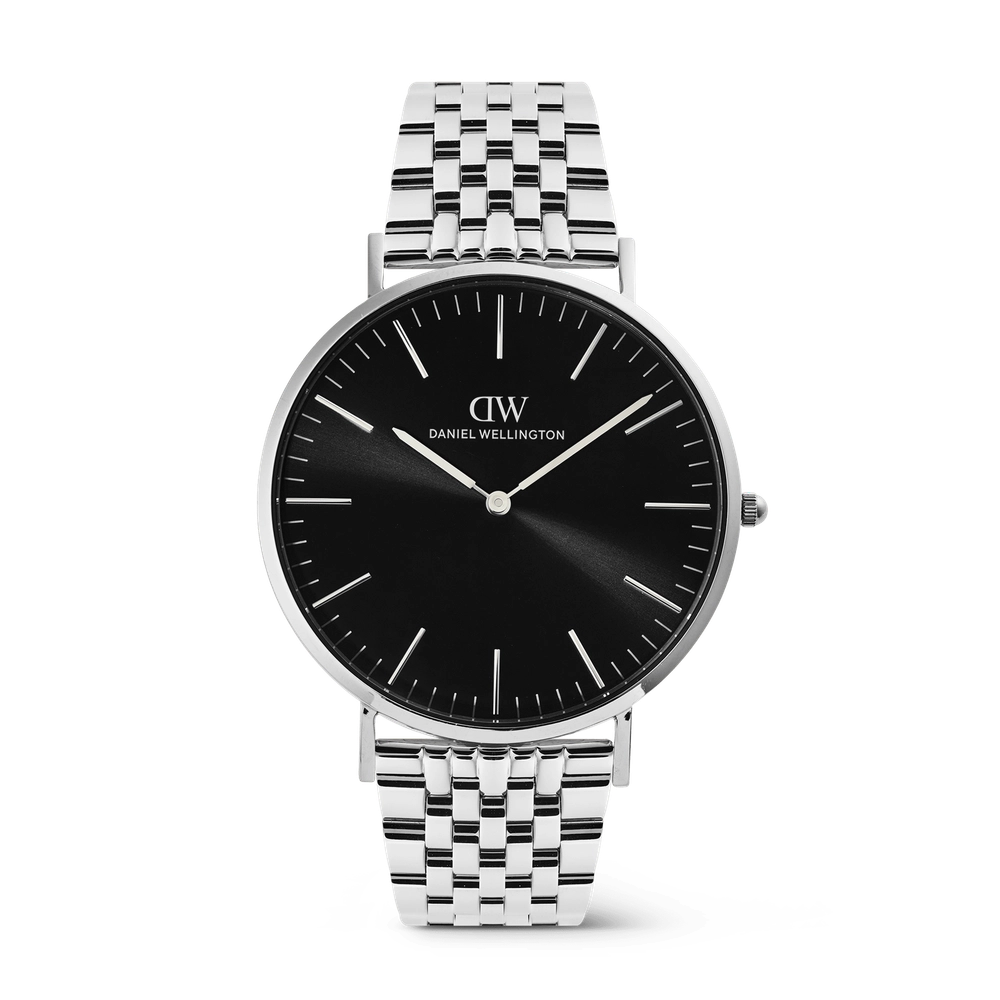 Classic 7-Link Black Silver watch with a black sunray dial
