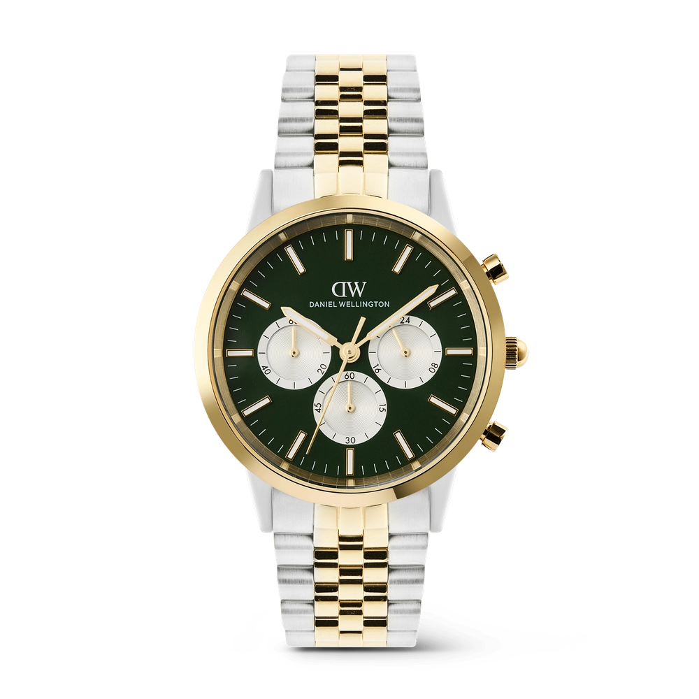 Iconic Chronograph Arch 5-Link Emerald Panda Two Tone watch with three silver subdials